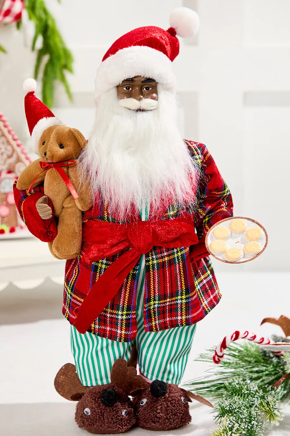 Decorator's Warehouse 18" African American Santa Figurine with Plaid Robe > Gingerbread|Santas & Angels