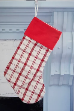 Decorator's Warehouse Beige Stocking with Red Plaid > Cardinal|Christmas Decor