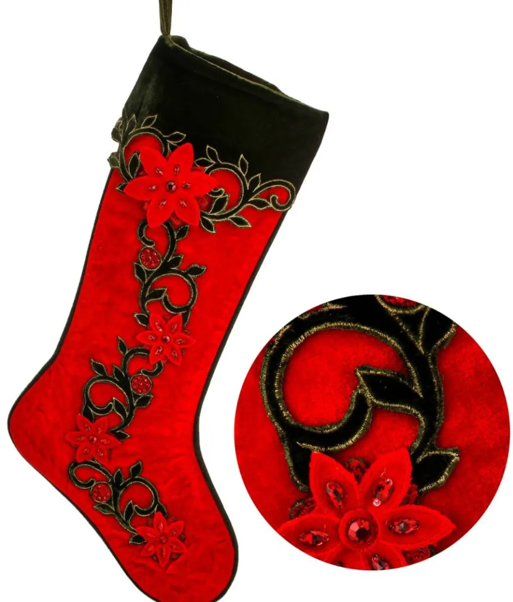Decorator's Warehouse 25" Berry Vine Jewel Poinsettia Velvet Stocking > Christmas Textiles|Classic Christmas