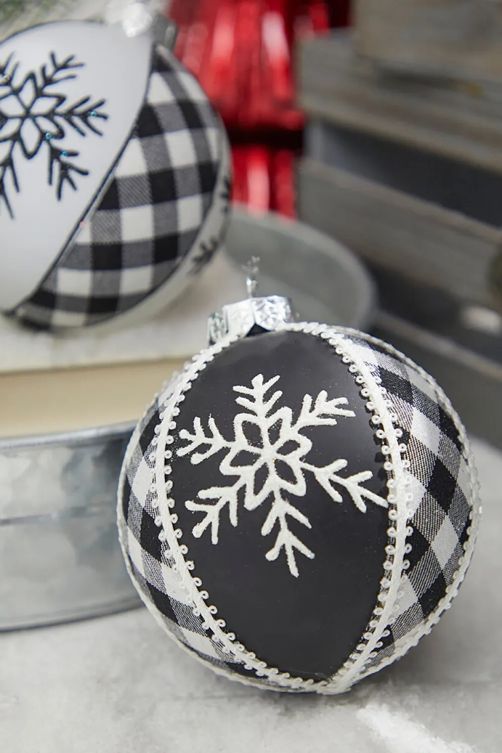 Decorator's Warehouse 4" Black and White Ball Plaid Ornament > Christmas Ornaments|Christmas Ornaments