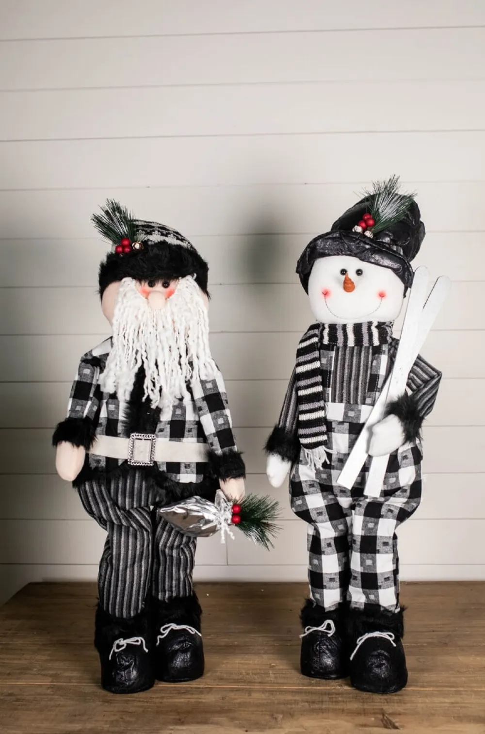 Decorator's Warehouse 32” Black and White Buffalo Check Santa and Snowman Plush Figurine > Christmas Accents|Christmas Decor