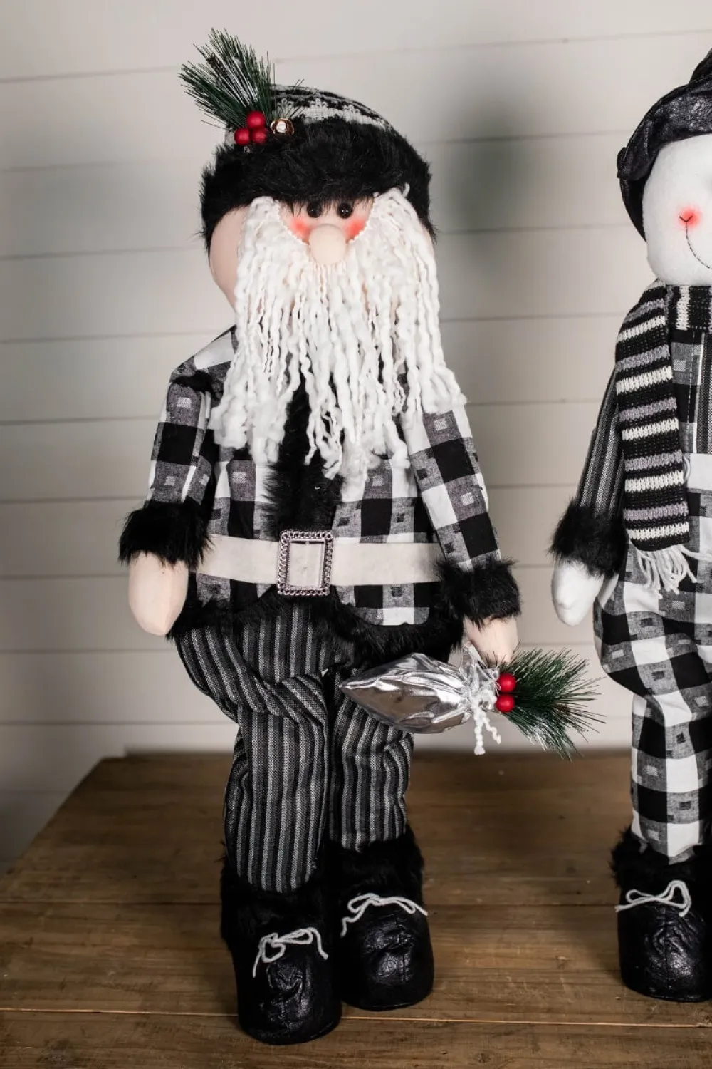 Decorator's Warehouse 32” Black and White Buffalo Check Santa and Snowman Plush Figurine > Christmas Accents|Christmas Decor