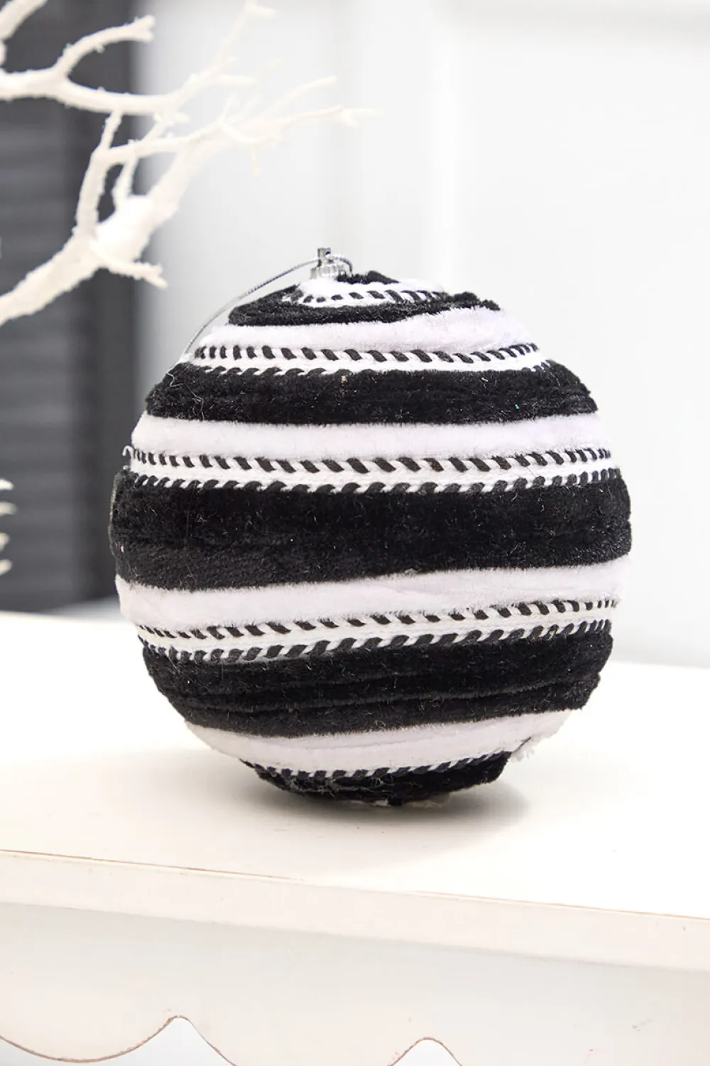 Decorator's Warehouse 5" Black & White Velvet Stripe Ball Ornament > Halloween|Halloween