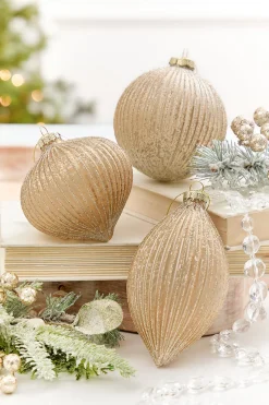 Decorator's Warehouse 4" - 6" Champagne Glitter Ribbed Glass Ornament > Sugar & Spice|Christmas Decor