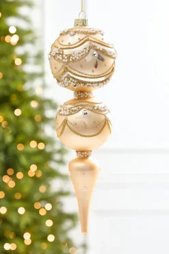Decorator's Warehouse 11" Champagne & Pearl Trimmed Finial Glass Ornament > Christmas Decor|Natural Elegance