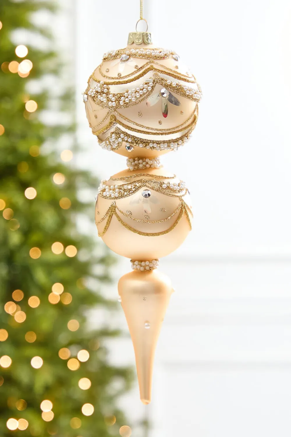 Decorator's Warehouse 11" Champagne & Pearl Trimmed Finial Glass Ornament > Christmas Decor|Natural Elegance