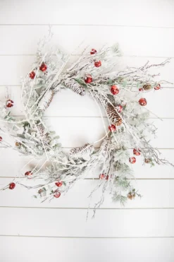 Decorator's Warehouse 24” Christmas Flocked Pine Wreath with Jingle Bells > Christmas Sale|Christmas Decor