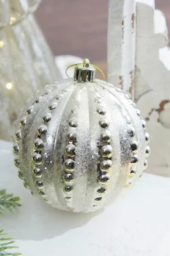 Decorator's Warehouse 10cm Bead Stripe Ball Ornament > White Christmas|Christmas Decor