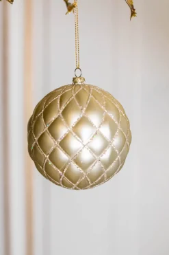 Decorator's Warehouse 10 CM Champagne Matte Glitter Quilted Net Ball Ornament > Christmas Decor|Natural Elegance