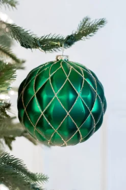 Decorator's Warehouse 15 CM Emerald Green Matte Glitter Quilted Net Ball Christmas Ornament > Christmas Ornaments|Christmas Ornaments