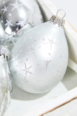 Decorator's Warehouse 4ct Glass Drop Bright Silver & Silver Pearl with Silver Stars > White Christmas|Boxed Sets
