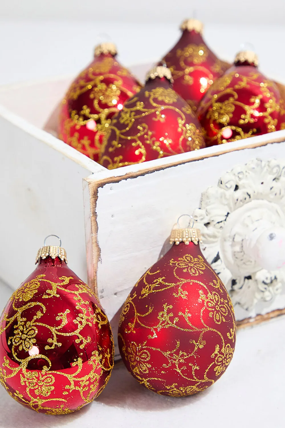 Decorator's Warehouse 6ct Glass Drop Christmas Red & Red Velvet with Gold Floral Glitterlace > Boxed Sets|Christmas Sale