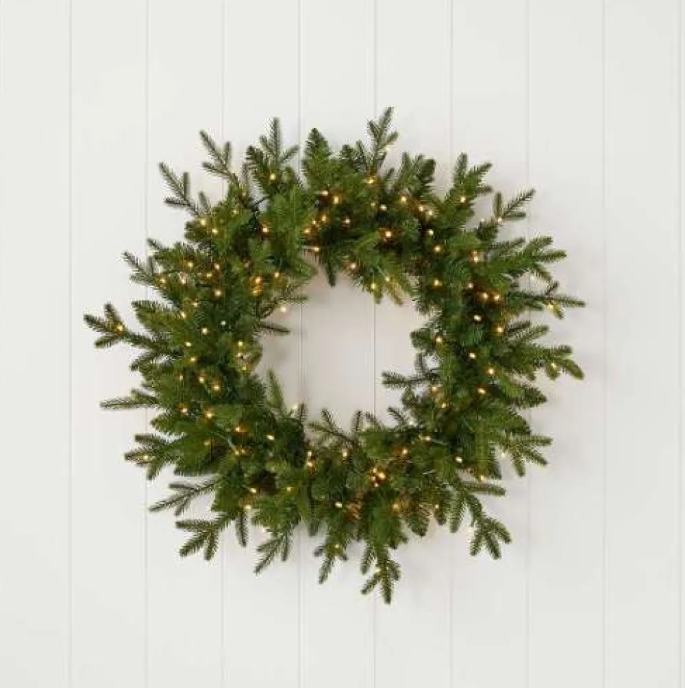 Decorator's Warehouse 24" Dandan Green Plug-In Wreath with Warm White LED Lights > Under 30"|Pre-Lit Wreaths