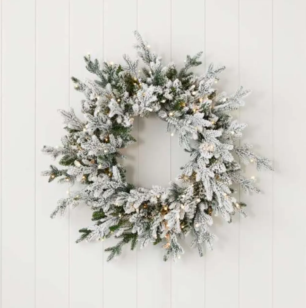 Decorator's Warehouse 24" Dandan Plug-In Flocked Wreath with Warm White LED Lights > Under 30"|Pre-Lit Wreaths