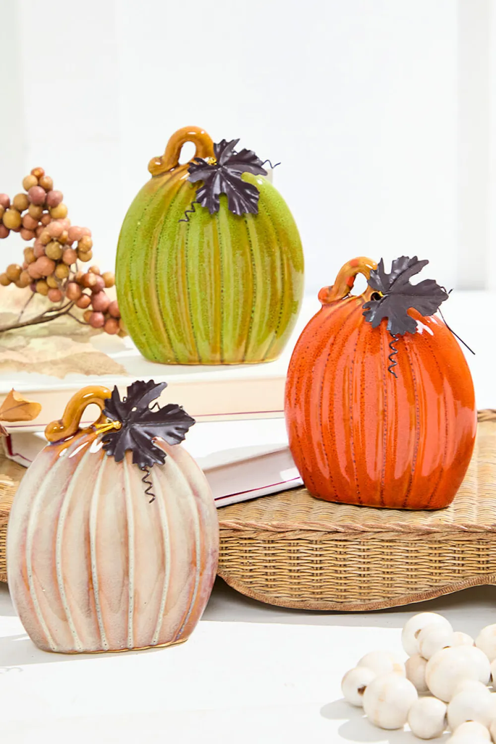 Decorator's Warehouse 4.7" Dolomite Harvest Pumpkin Figurine with Metal Leaf > Fall Decor|Fall Decor