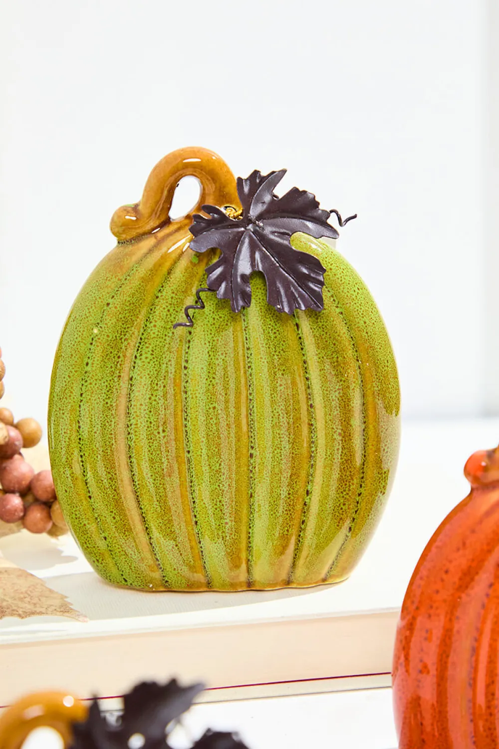Decorator's Warehouse 4.7" Dolomite Harvest Pumpkin Figurine with Metal Leaf > Fall Decor|Fall Decor