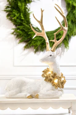 Decorator's Warehouse 20" Elegant White & Gold Resin Deer with LED Lights > White Christmas|Christmas Accents