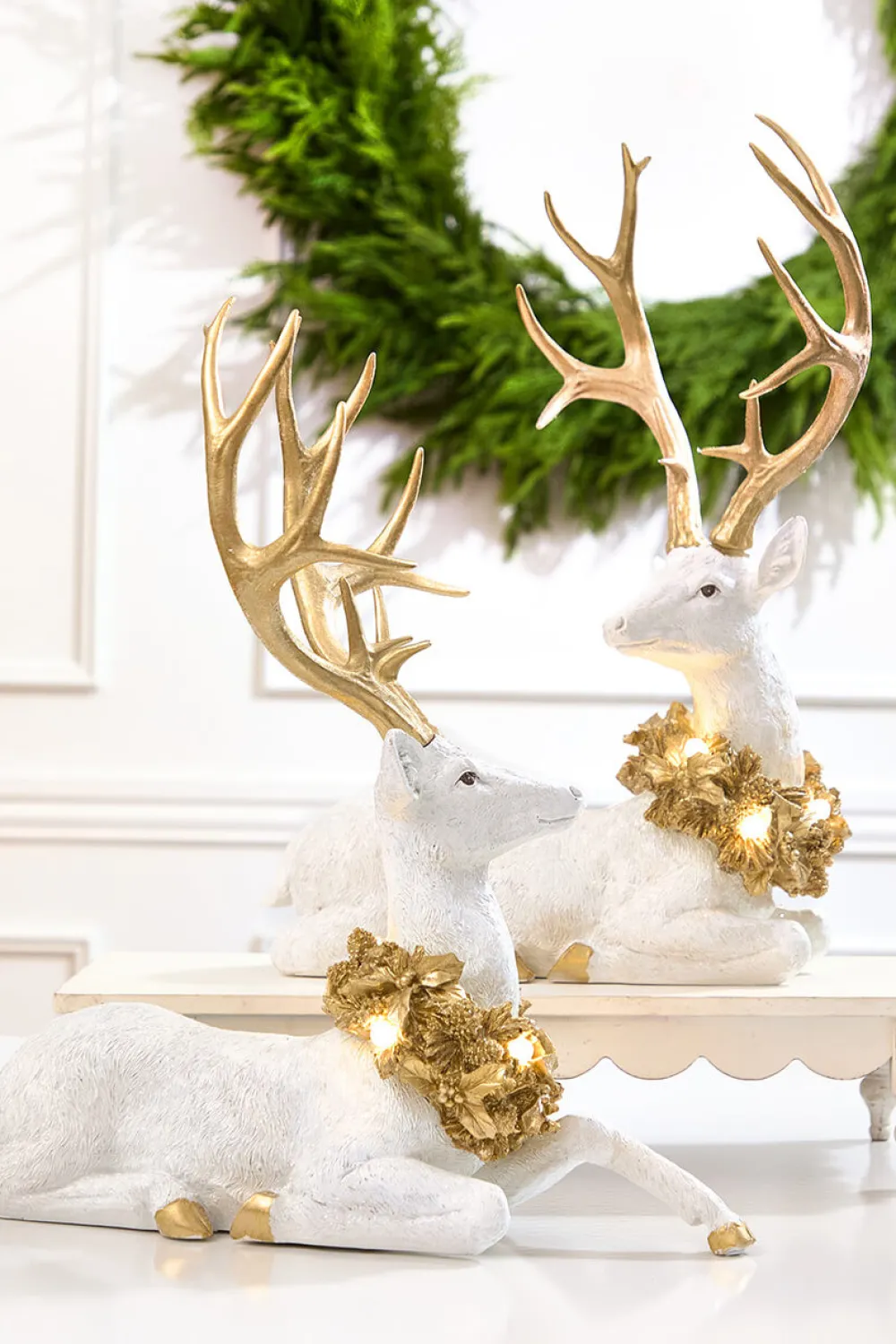 Decorator's Warehouse 20" Elegant White & Gold Resin Deer with LED Lights > White Christmas|Christmas Accents