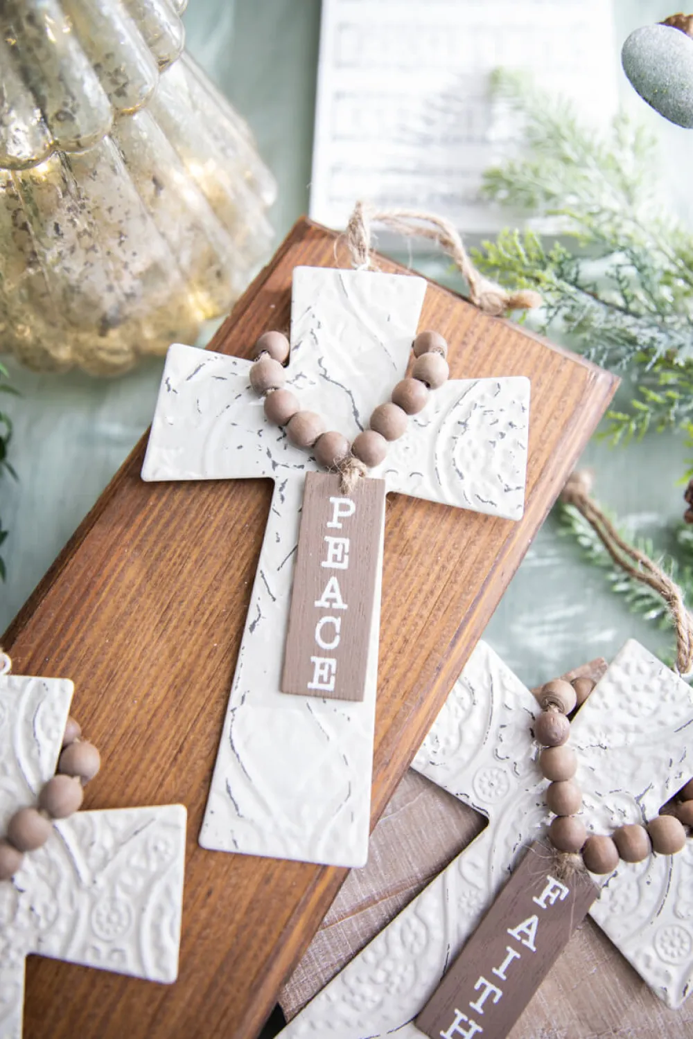 Decorator's Warehouse 7.5" Embossed Cross With Beads Ornament > Christmas Decor|Nativity Ornaments
