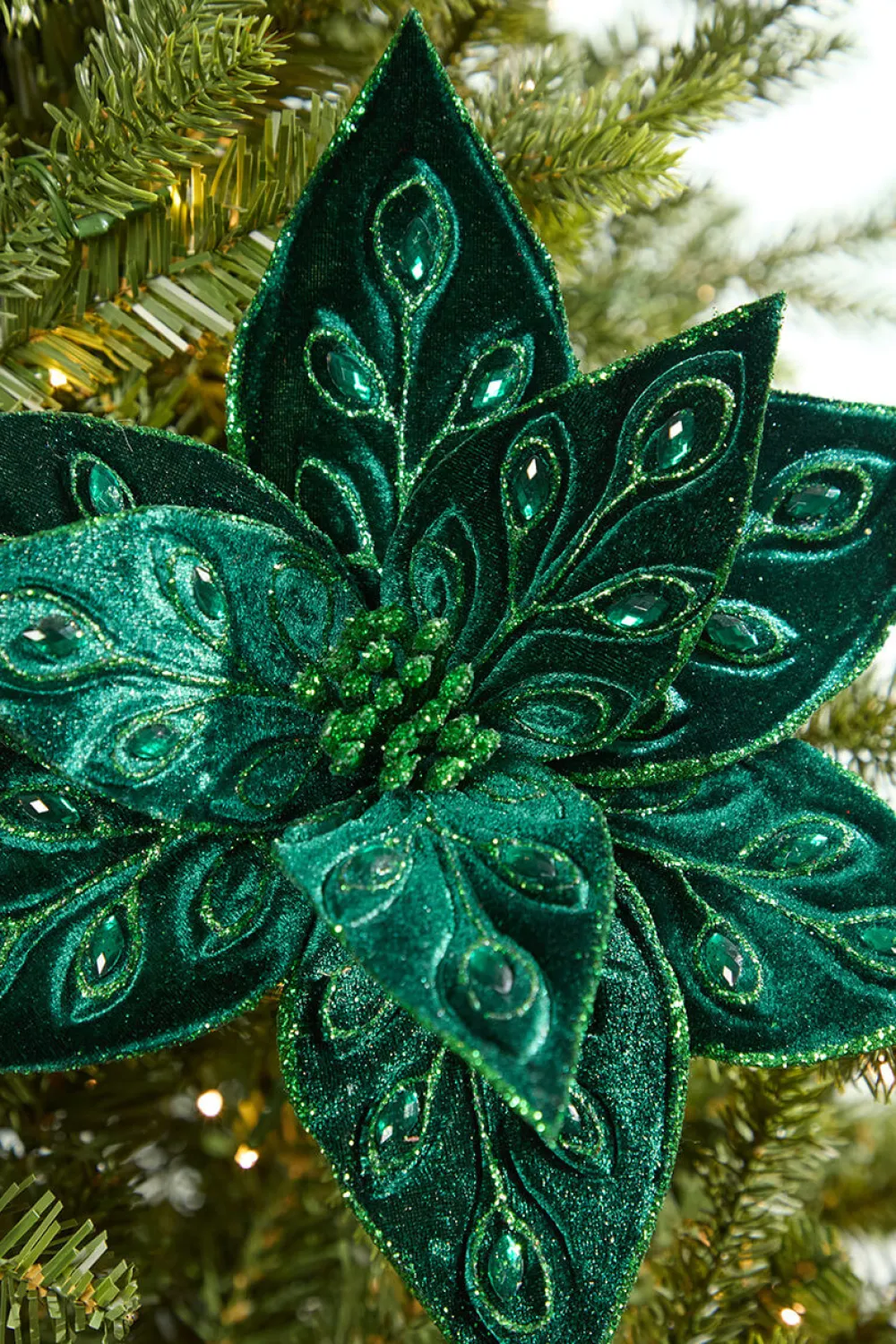 Decorator's Warehouse 22" Emerald Jeweled Poinsettia Stem > Christmas Decor|Mardi Gras