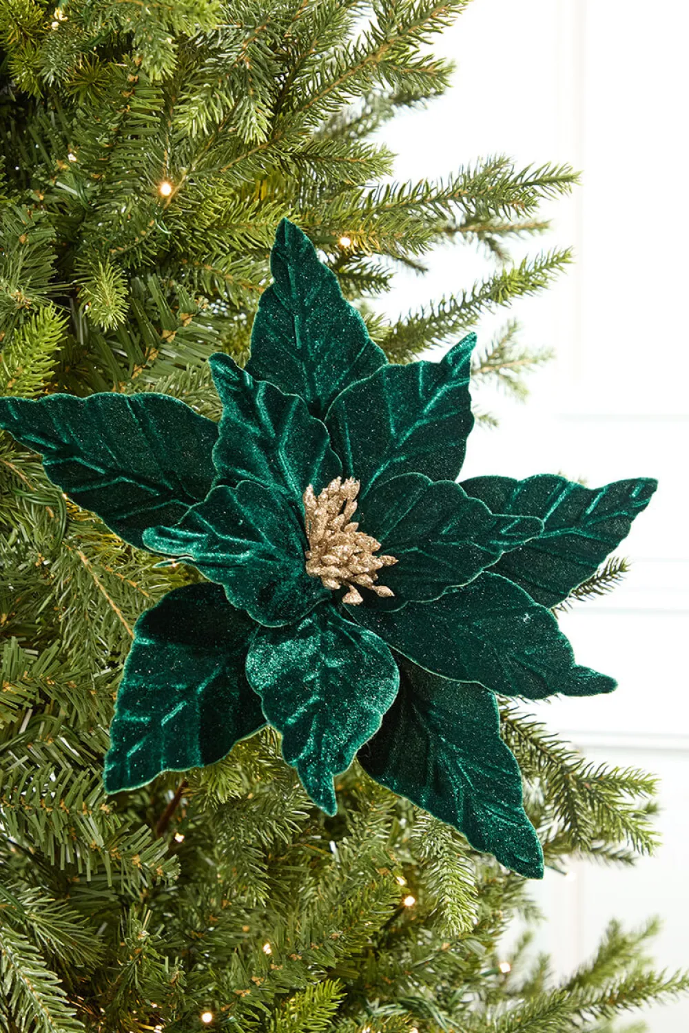 Decorator's Warehouse 24" Emerald Velvet Glitter Poinsettia Stem > Nutcracker|Christmas Decor