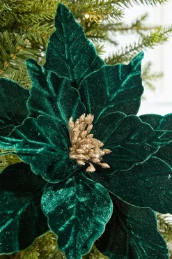 Decorator's Warehouse 24" Emerald Velvet Glitter Poinsettia Stem > Nutcracker|Christmas Decor
