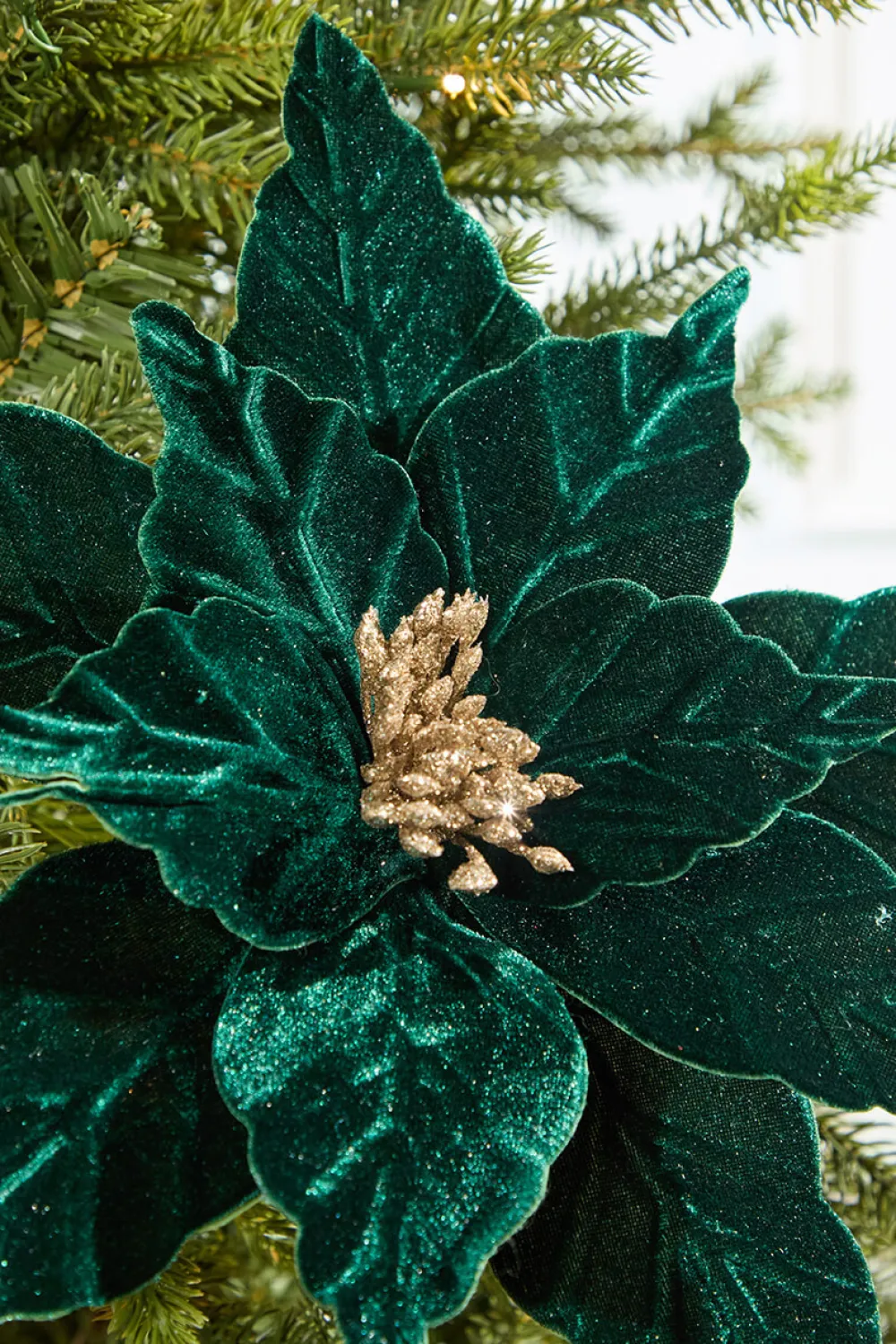 Decorator's Warehouse 24" Emerald Velvet Glitter Poinsettia Stem > Nutcracker|Christmas Decor