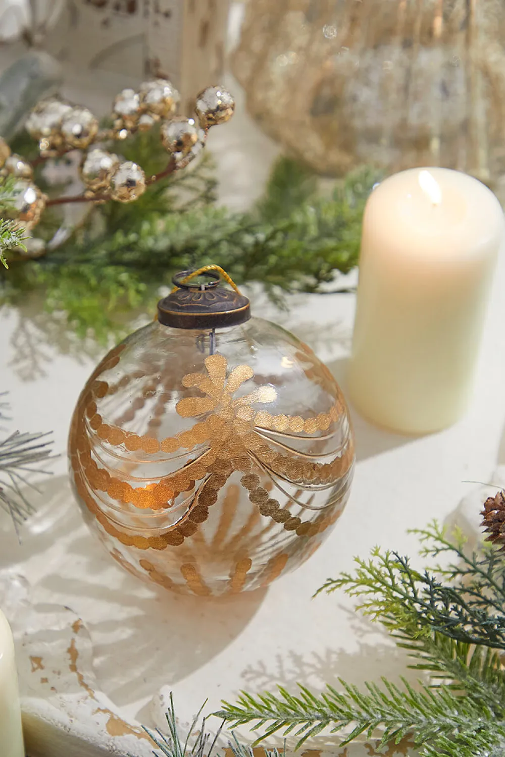 Decorator's Warehouse 4" Etched Golden Garland Glass Ornament > Christmas Decor|Natural Elegance
