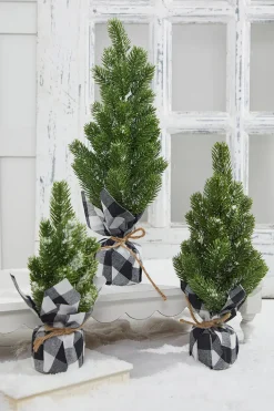 Decorator's Warehouse Flocked Pine Tree With Plaid Fabric - Medium > Tabletop & Accent Trees|Christmas Accents