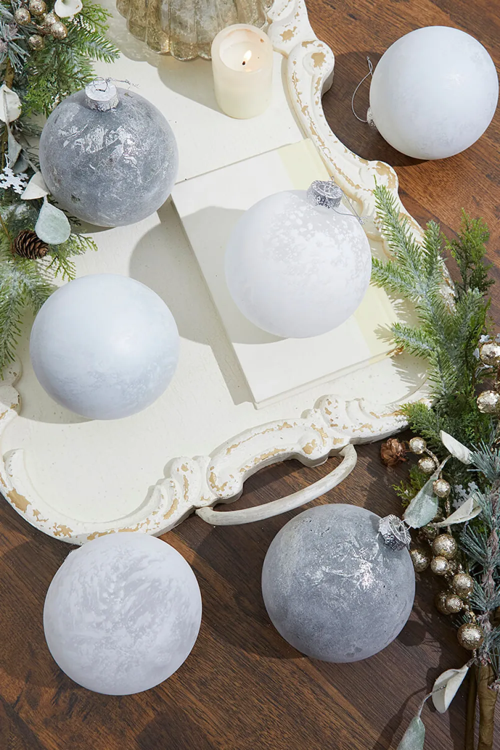 Decorator's Warehouse 5" Frosted White Christmas Ball Ornaments - Set of 6 > White Christmas|Boxed Sets
