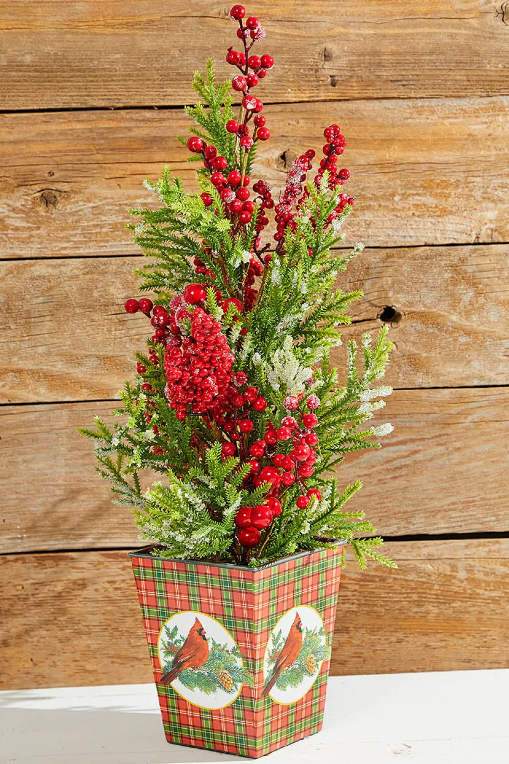Decorator's Warehouse 26" Frost Weatherproof Berry Mini Spruce Tree in Pot > Cardinal|Tabletop & Accent Trees