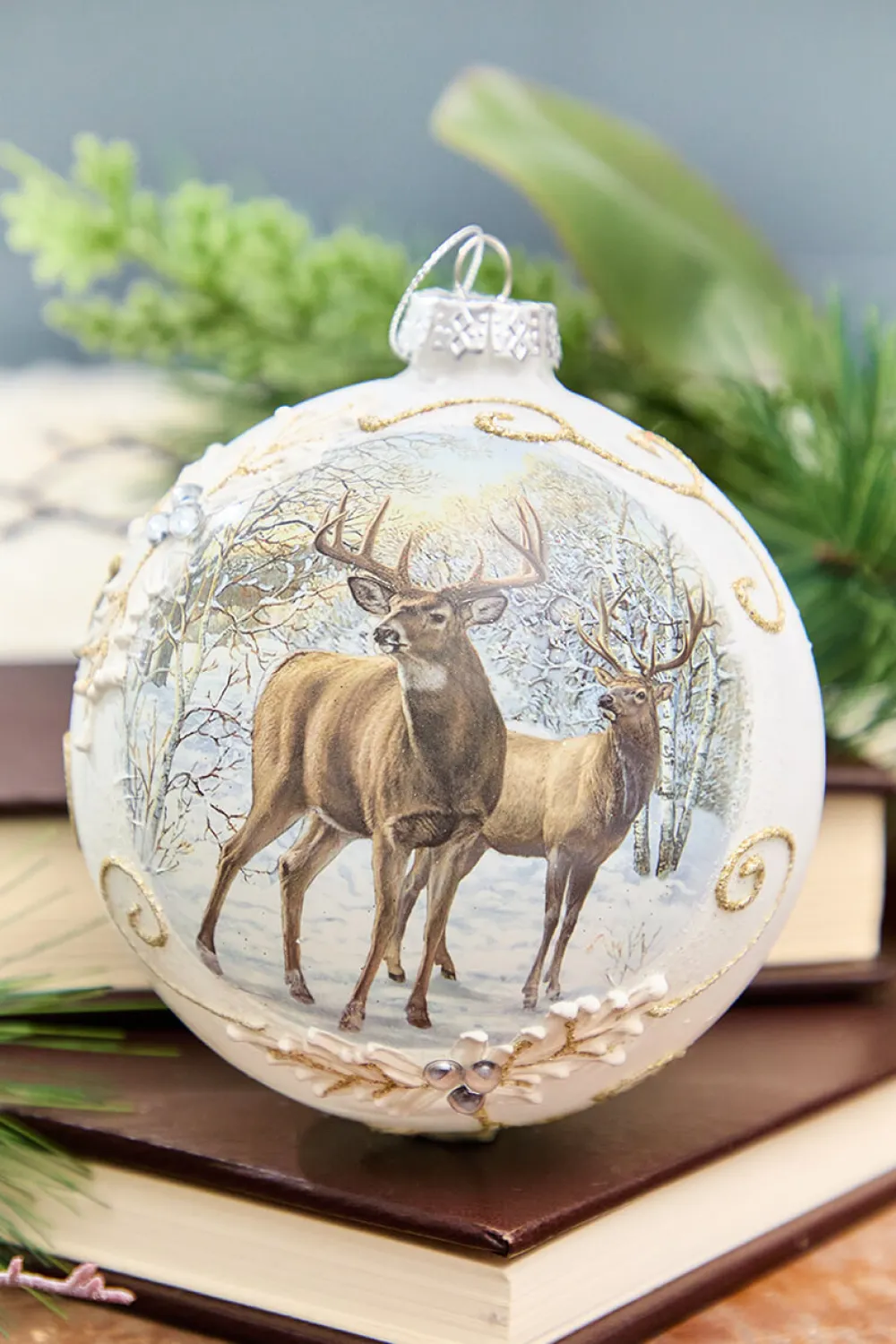 Decorator's Warehouse 5” Glass Deer with Holly Scroll Ball Ornament > Christmas Decor|Christmas Ornaments