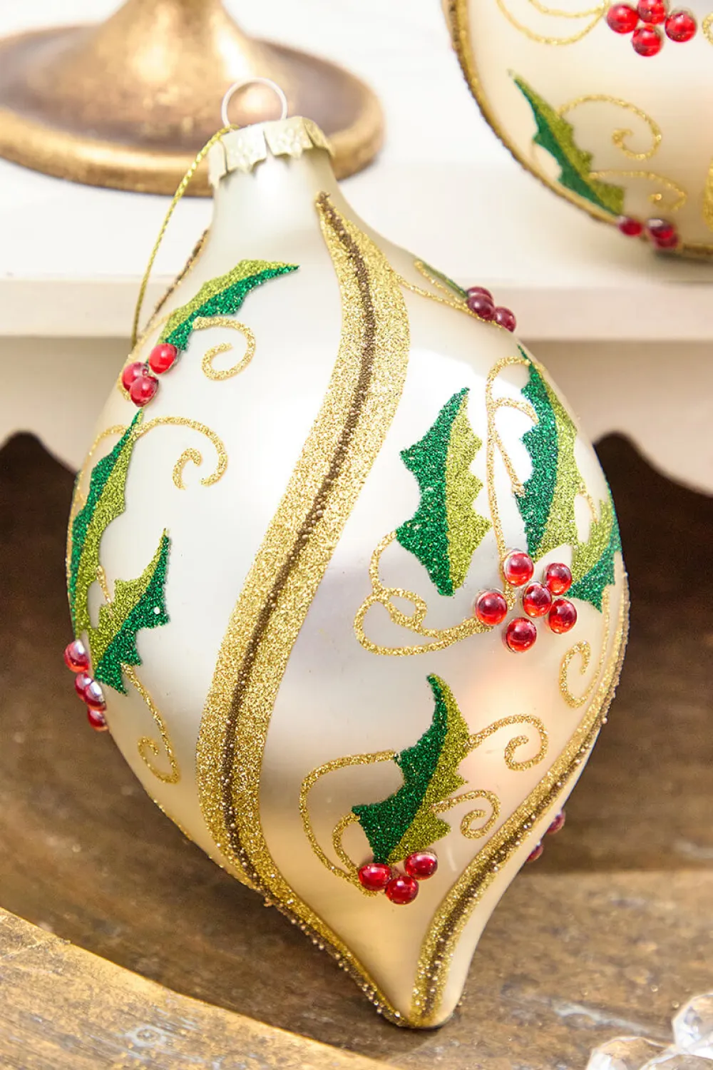 Decorator's Warehouse 5" - 7" Glass Holly Ball & Finial Ornament > Christmas Decor|Christmas Ornaments