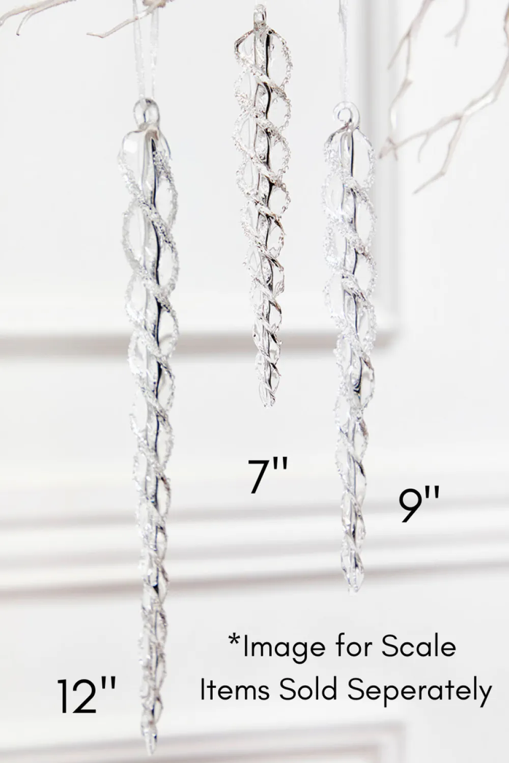 Decorator's Warehouse 9" Glass Icicle Ornament - Medium > White Christmas|Red & Silver
