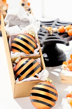 Decorator's Warehouse 3" Glass Orange Stripe Halloween Ball Ornament Box - Set of 3 > Halloween|Halloween