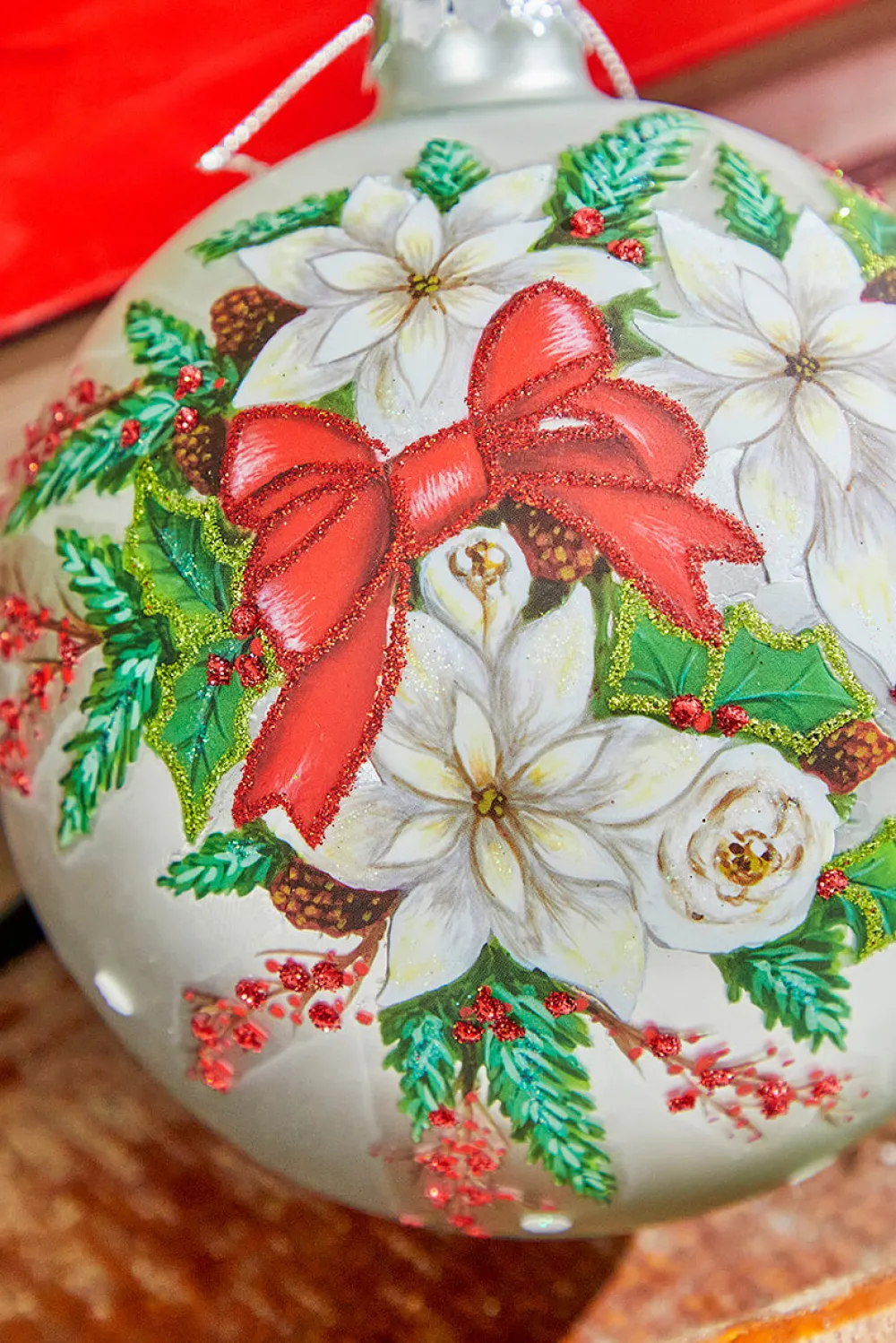 Decorator's Warehouse 5" Glass Poinsettia Holly Ball Ornament > Cardinal|Christmas Decor