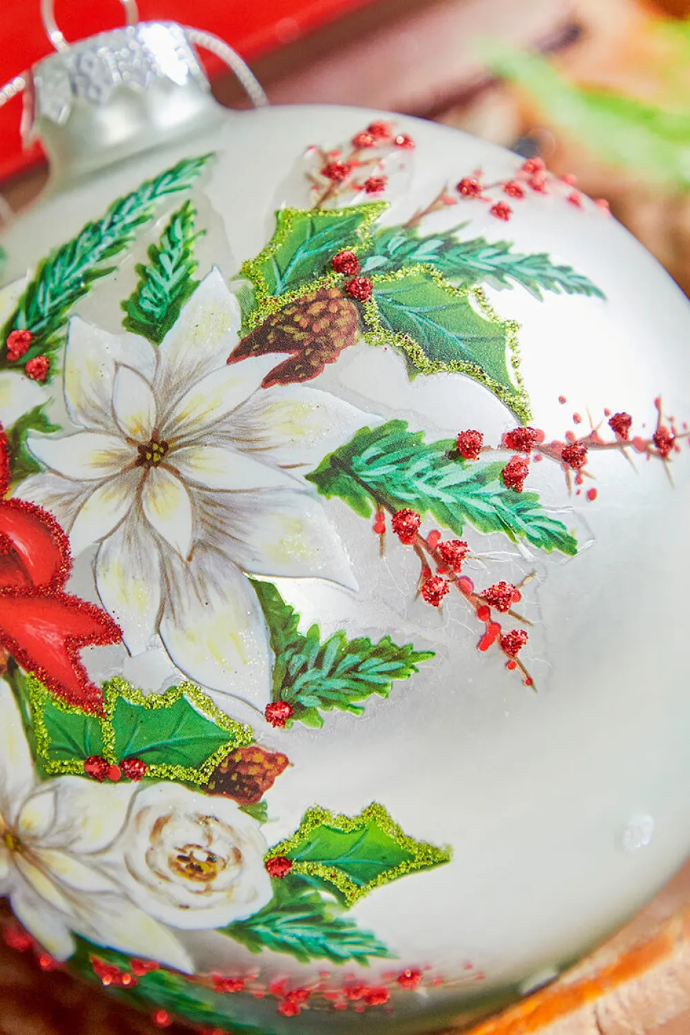 Decorator's Warehouse 5" Glass Poinsettia Holly Ball Ornament > Cardinal|Christmas Decor