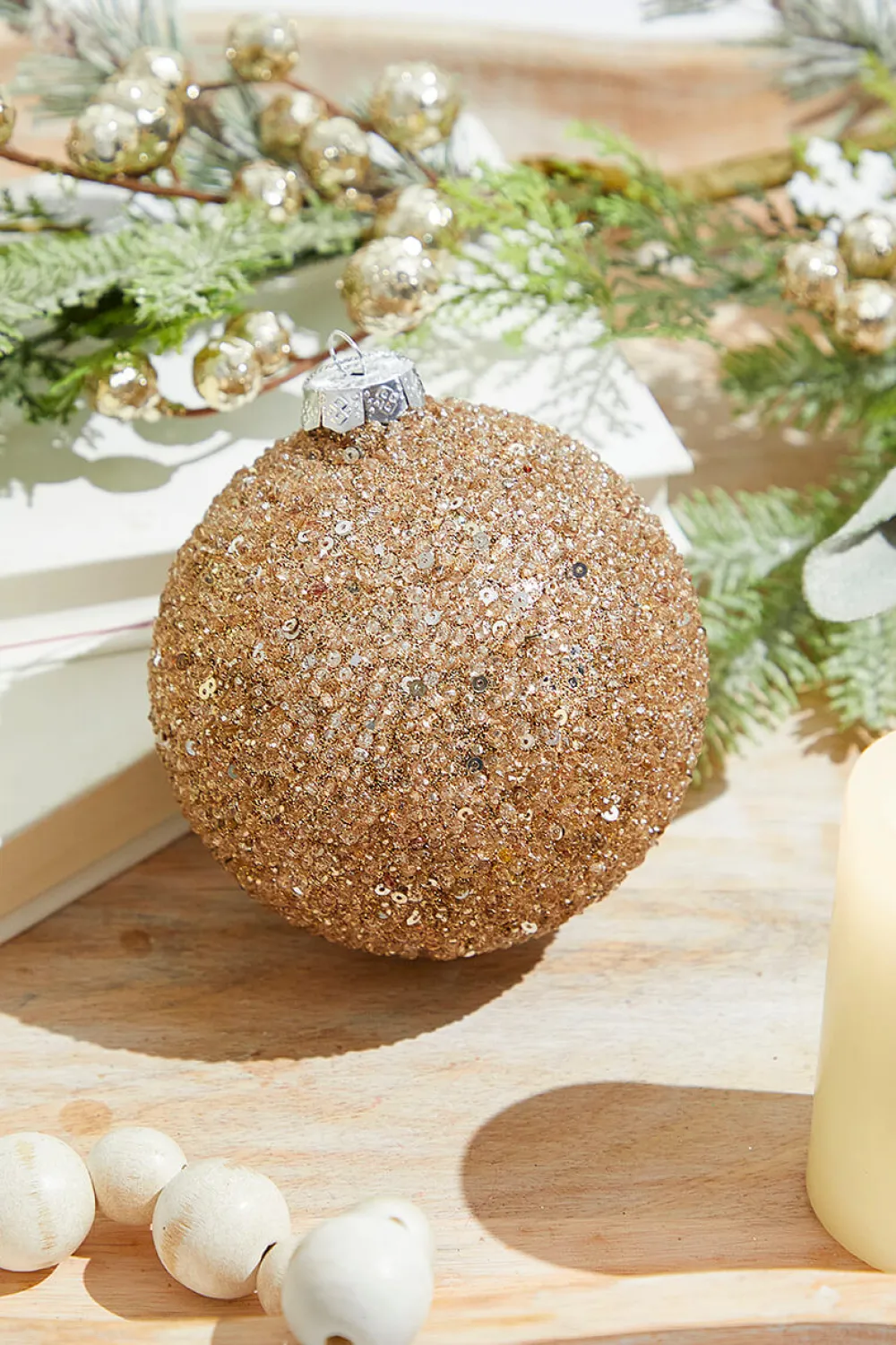 Decorator's Warehouse Glitter Ball Glass Ornament - Champagne Rose Gold > Tinsel & Pine|Christmas Decor