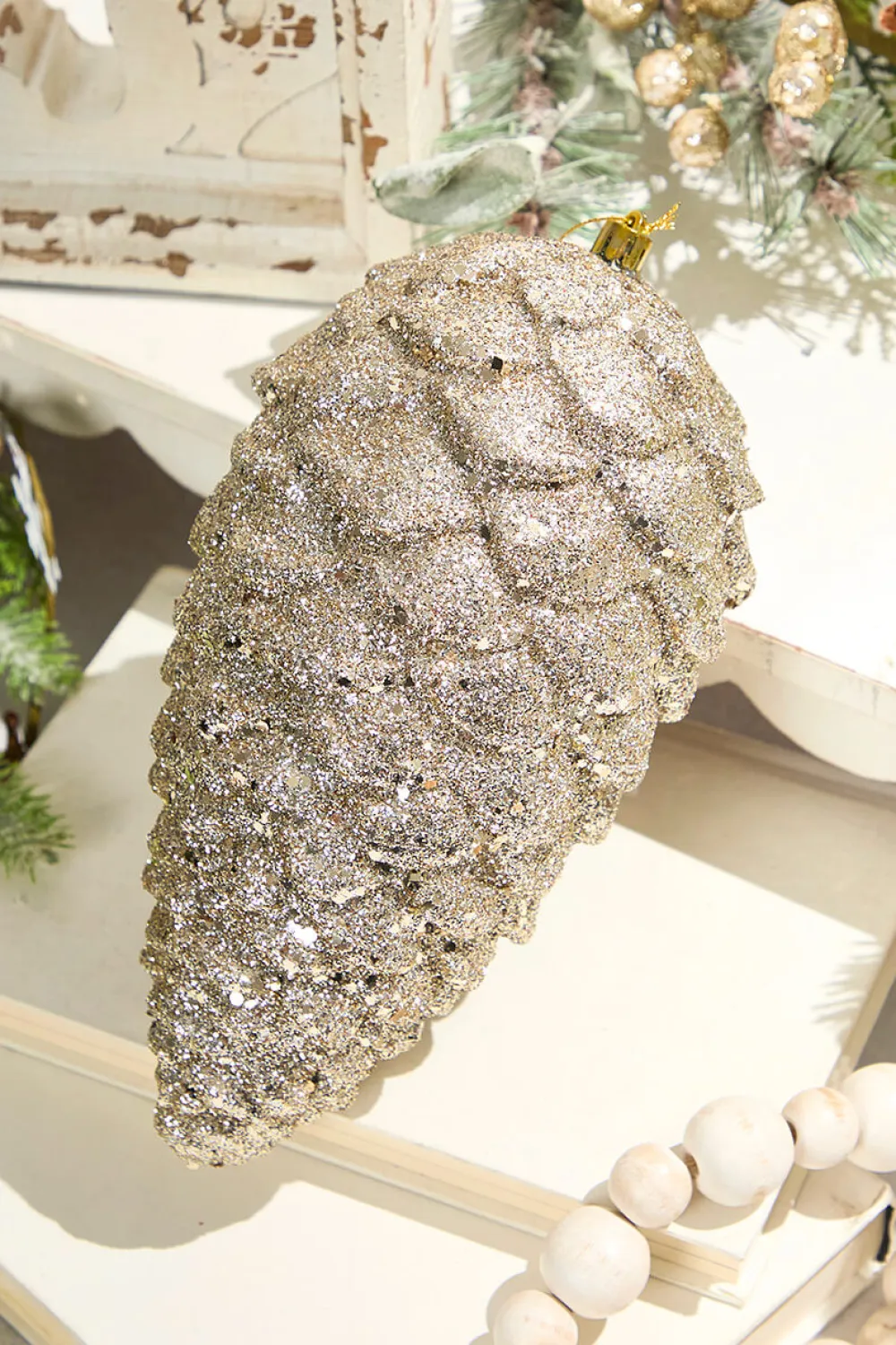 Decorator's Warehouse 9" Glitter Pinecone with Hanger - Champagne > Christmas Decor|Natural Elegance