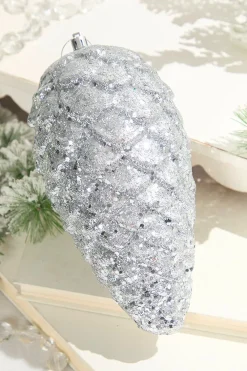 Decorator's Warehouse 9" Glitter Pinecone with Hanger - Silver > Christmas Ornaments|Christmas Decor