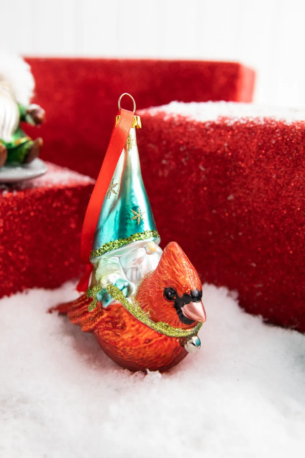 Decorator's Warehouse 5” Gnome Riding A Cardinal/Tree/Shovel Glass Ornament > Christmas Decor|Christmas Ornaments
