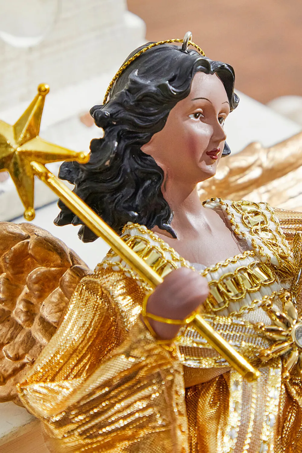 Decorator's Warehouse 9" Gold Fabric Flying Black Angel Ornament > Tree Toppers|Santas & Angels