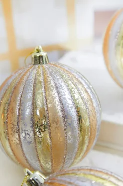 Decorator's Warehouse 4" Gold/Silver Stripe Mercury Ball Ornament Box - Set of 4 > Boxed Sets|Christmas Decor