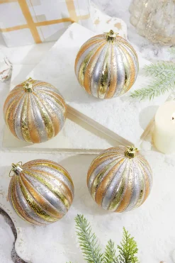 Decorator's Warehouse 4" Gold/Silver Stripe Mercury Ball Ornament Box - Set of 4 > Boxed Sets|Christmas Decor
