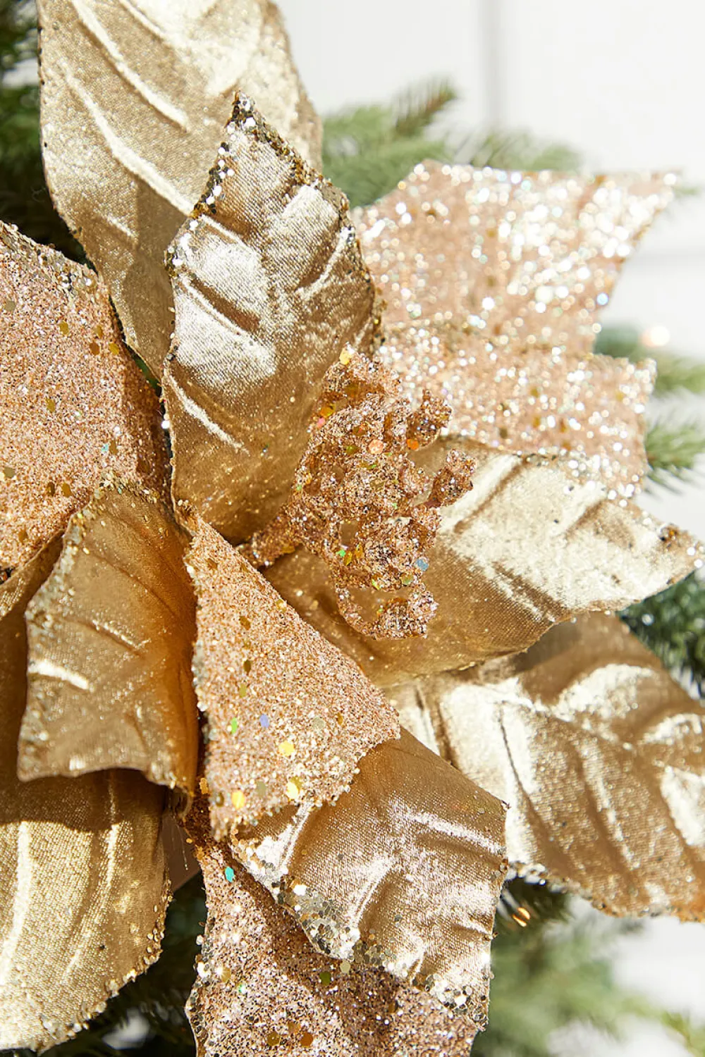 Decorator's Warehouse 13" Gold Velvet Glitter Poinsettia Stem > Christmas Decor|Natural Elegance