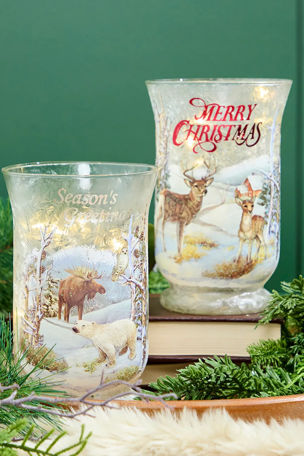 Decorator's Warehouse 8"H B/O Lighted Glass Deer/Moose Design Hurricane Luminary > Winter Woodland|Christmas Accents