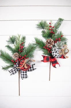 Decorator's Warehouse 18” Holiday Pine Pick with Buffalo Check Ornament & Berries > Farmhouse|Christmas Sprays