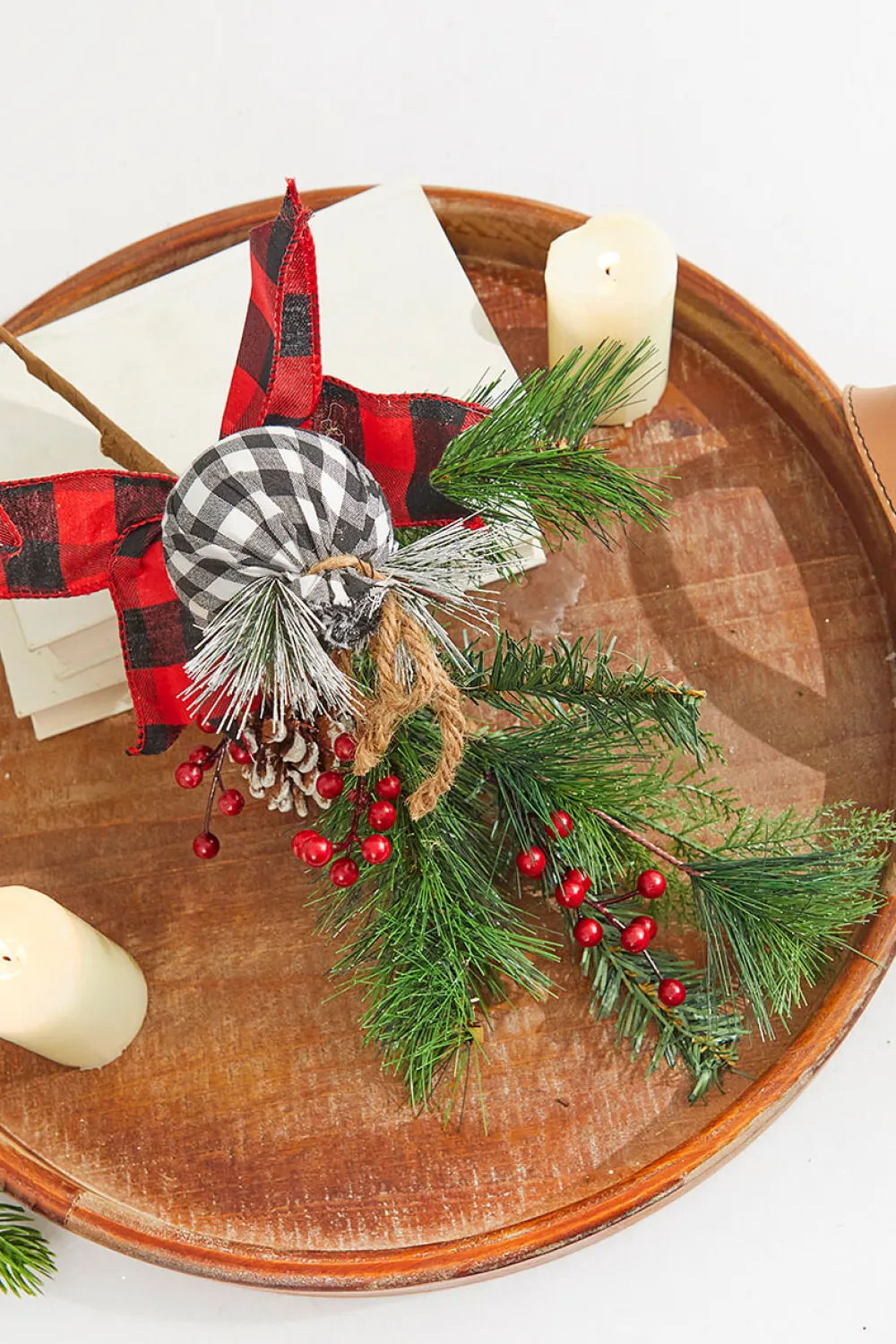 Decorator's Warehouse 18” Holiday Pine Pick with Buffalo Check Ornament & Berries > Farmhouse|Christmas Sprays