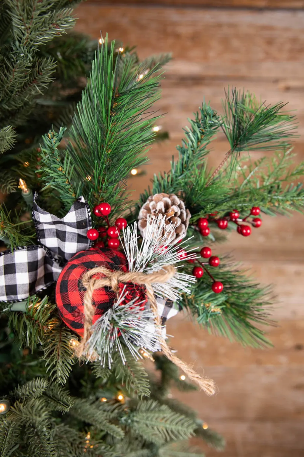 Decorator's Warehouse 18” Holiday Pine Pick with Buffalo Check Ornament & Berries > Farmhouse|Christmas Sprays