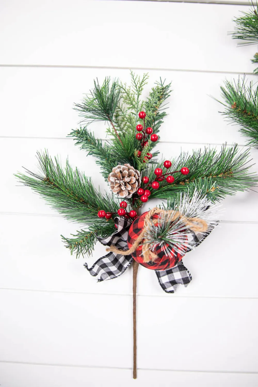 Decorator's Warehouse 18” Holiday Pine Pick with Buffalo Check Ornament & Berries > Farmhouse|Christmas Sprays